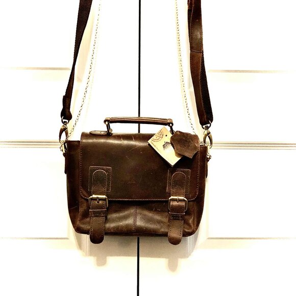 NWT HANDCRAFTED GENUINE LEATHER Medium Crossbody Satchel Bag Rustic Saddle Brown - Picture 3 of 10